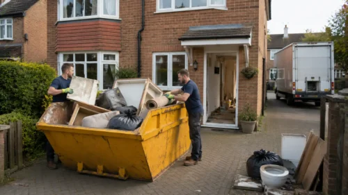 Clearance workers loading an 8-yard skip with furniture and renovation waste outside a UK rental property