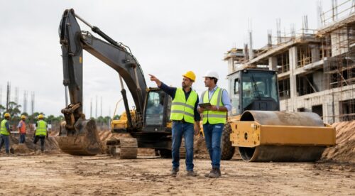 Contractor inspecting heavy equipment purchase