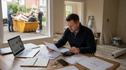 Landlord budgeting for skip hire while workers clear renovation waste from a UK rental property