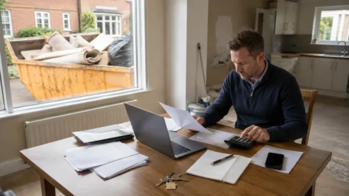 Landlord calculating property turnaround costs with a waste-filled skip outside a vacant UK rental home