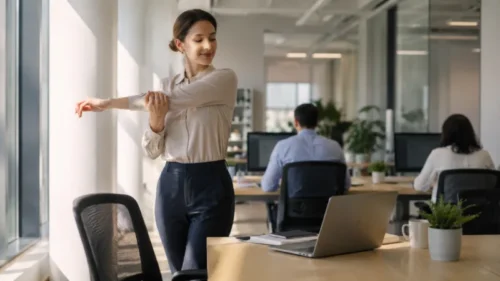 Office worker stretching beside a desk during a brief movement break
