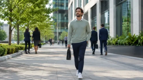 Professional taking a relaxed lunchtime walk outside a modern office building