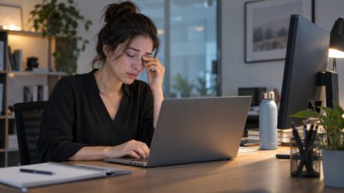 Office worker managing screen-related eye strain